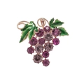 Pastoral style grape brooch with purple crystals and green enamel leaves in gold finish - Purple