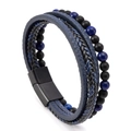 Mehrlagiges Lederarmband für Herren mit Tigerauge-Perlen und schwarzem Magnetverschluss - Dunkelblau