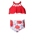 Détail d'un maillot de bain deux pièces fille avec haut licou rouge et culotte à fleurs - 152 / Rouge à Lacets