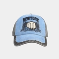 Detail of embroidered New York logo and distressed brim on washed cotton baseball cap - Adjustable / Light Blue