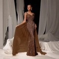 Elegant brown sequin mermaid evening gown with off-shoulder lace and sheer long sleeves - S / Dresses / Dark Brown