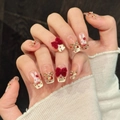 Uñas postizas artesanales con lazos de terciopelo rojo, conejitos blancos y brillo dorado - Grande (L) / Estilo Conejo Lazo Rojo (726)