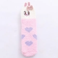 Fuzzy coral fleece baby socks in pink and white with cute bunny and heart patterns - Purple Heart Cat