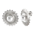 Pendientes de plata con forma de girasol y perla blanca redonda para mujer - Stud aretes / Color Acero