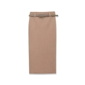 Women's high waist knit pencil skirt in camel with a matching waist belt and vertical texture - S / Apricot