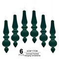 Set of 6 dark green flocked cone Christmas ornaments with multi-tier lantern design - Dark Green