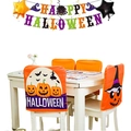 Halloween dining chair covers with pumpkin prints and Happy Halloween party banner set - Halloween Yellow Pumpkin Smile