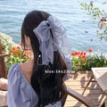 Grey oversized tulle bow hair clip with wavy mesh ribbons and 18x23cm size detail - Grey Bow Spring Clip (Organza) 18x23cm