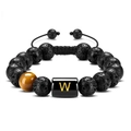 Tiger eye and lava stone beaded bracelet with adjustable cord and golden letter W charm - Letter-W