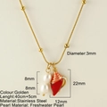 Gold stainless steel snake chain necklace with shell and freshwater pearl pendant - Double Layer Pearl Conch (25279G)