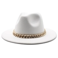 Detail of white wool jazz hat featuring a thick decorative gold metal chain strap - White