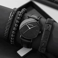Professional black Geneva quartz watch set with braided leather and wooden bead bracelets - Black Strap Black Case Silver Needles Set
