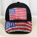 Detailed view of the American flag pattern made of rhinestones on the black denim cap - Style 10-Black Rhinestone US Flag