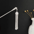 Silver hollow hair stick with long tassels and water drop accents for Hanfu style - Hollow Process Long Bead Chain Tassel (F287)