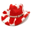 Detail of red and white faux fur cowboy hat featuring woven strap and metal buckle - Heart Top Red