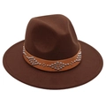 Detail of dark brown wool fedora hat with studded leather band and geometric metal accents - M (56-58cm) / Coffee