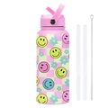 Botella de agua 1L de acero inoxidable rosa con diseño de cuadros y set de pajitas - Tablero Smiley / Rosa - Mate