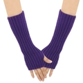 Winter dark purple knitted fingerless gloves with thumb hole and ribbed long arm warmers - One Size / Deep purple