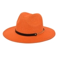 Detailed texture of orange wide brim straw hat with black leather strap and gold chain link - M (56-58cm) / Orange
