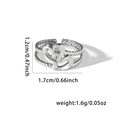 Detail of silver interlocking heart ring with rope texture and precise size dimensions - Interlocking Double Hearts Style (TYR0293)