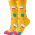Detail of yellow cupcake socks with colorful sprinkles and pink-blue contrast toe - Yellow Cupcake