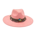 Cappello fedora rosa a tesa larga con nastro etnico, perline colorate e pietra turchese - Taglia unica / Rosa Antico