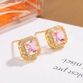 Elegant gold square stud earrings featuring pink halo zircon stones for women - Pink