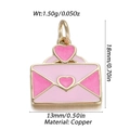 Pink enamel heart envelope charm in copper with dimensions and weight detail - Pink Heart Envelope