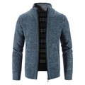 Men's slim fit zip cardigan sweater in blue and gray knit with fleece lining - M / Blue Grey