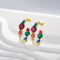 Luxurious 925 silver C-shaped hoop earrings with multi-color heart-shaped gemstones - 925 Silver / Gold