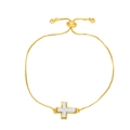 Adjustable gold box chain bracelet featuring a silver textured cross charm - Silver