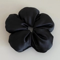 Elegant large black satin flower scrunchie with a silky finish and retro French style - Flower / Black