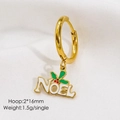 Detailed view of NOEL gold hoop earrings with green holly leaves and red berry accents - Enamel Noel Letter