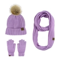 Winter-Strickset mit Bommelmütze, Loop-Schal und Handschuhen in lila Wollmischung - Hellviolett