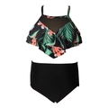 Detailansicht des geblümten Zweiteiler-Badeanzugs mit Rüschen und schwarzer High-Waist-Hose - Kinder 104 / Grünes Blumenoberteil & Schwarzes Unterteil