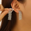 Silver long chain tassel earrings with woven metal mesh design on female model - Stud Earrings (Silver)