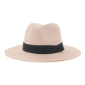 Classic beige straw panama hat with black ribbon, sun protection for beach vacations - Dusty Pink