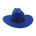 Royal blue wool fedora hat with brown leather band and turquoise sunflower buckle - One Size / Sapphire Blue