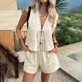 Women's summer two-piece vacation set featuring beige embroidered vest and matching shorts - S / Khaki