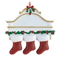 DIY Christmas resin ornament featuring three red glitter stockings on white mantel - Family of 3 - Hand Painted