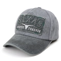 Detailed close-up of embroidered Texas patch on washed grey vintage baseball cap - Adjustable / Dark Green Brim Gray Cap