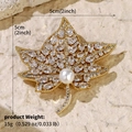 Golden maple leaf brooch with zircon crystals and a central pearl, 5cm size - Gold Maple Leaf Pearl Decor (BRS-J426G)