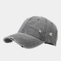 Detailed view of the vintage washed dark grey baseball cap with distressed frayed edges - Gray