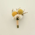 Detailed view of dried wedding boutonniere with yellow globes and natural twine - Forest Flower 10 (Yellow Ball Grass)