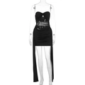 Macro shot of black ruched mini dress featuring sheer mesh waist and slim clear straps - S / Black