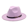 Classic light purple wool fedora hat with flat brim and black belt buckle detailing - M (56-58cm) / Taro Purple