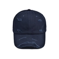Close-up of distressed denim baseball cap detailing worn edges and torn fabric textures - Adjustable: 56-60cm / Navy Blue