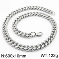 Silver stainless steel Cuban chain necklace, 10mm wide and 600mm long with lobster clasp - 10mm*600mm(KN232901-ZZ)