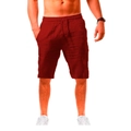 Detailed view of dark red breathable cotton linen shorts with adjustable drawstring waist - Burgundy