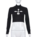 Women black crop top featuring front flower cutout with metal ring and white stitching - S / Black